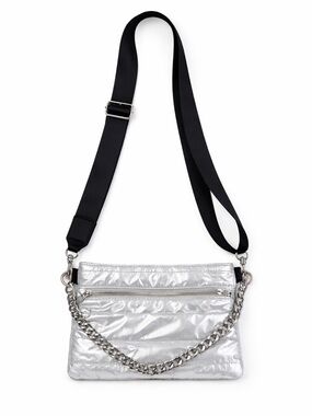 Ah Dorned Silver Quilted Puffer Crossbody Bag Chain Strap Metallic Unisex